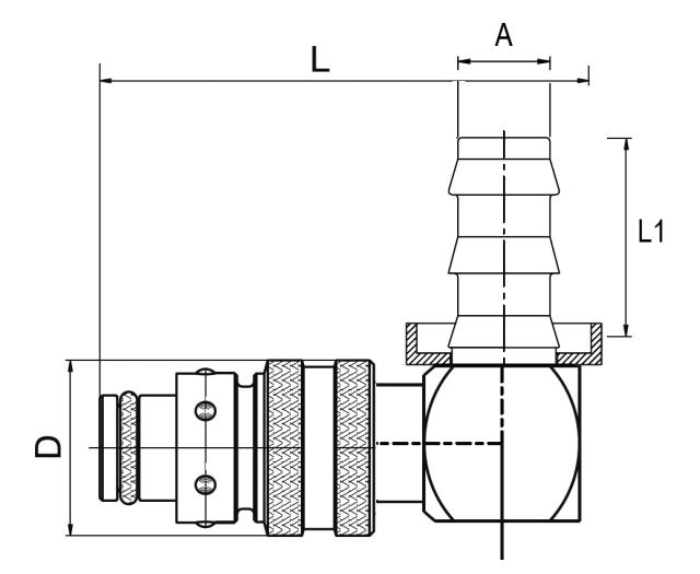 Push Lock-liitin 90° letkukaralla